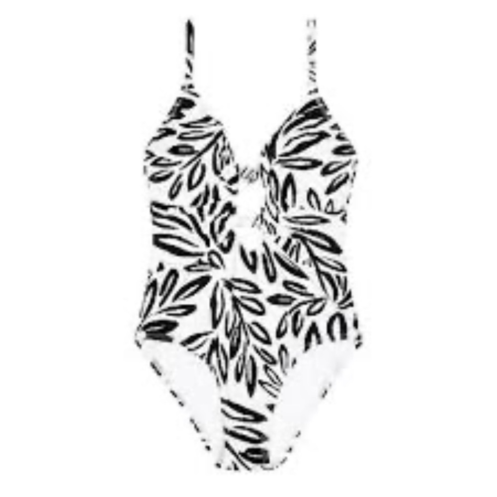 Plus Size Freshwater Cutout Knotted One-Piece Swimsuit 1X Palm Party Black White